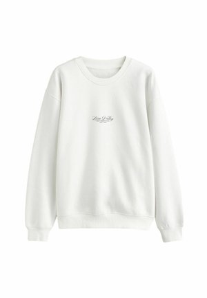 White sweatshirt with a round neckline, ribbed cuffs, and a bottom hem. Features a small, printed logo on the chest. Soft texture.