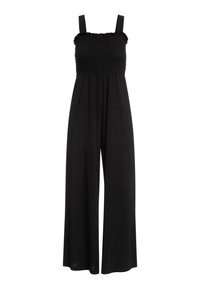 Black jumpsuit with a smocked bodice, wide legs, and adjustable straps. Features a ruffled neckline and lightweight fabric.