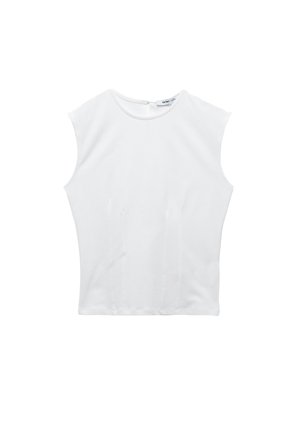 Top sin mangas blanco hecho de tejido suave, con un escote redondo y sutiles detalles de costura vertical en la parte frontal.