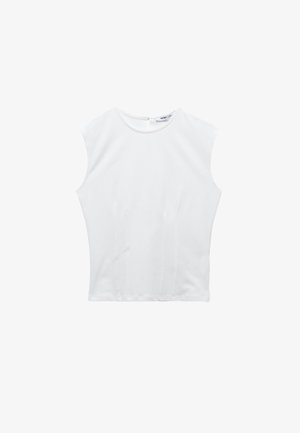 Top sin mangas blanco hecho de tejido suave, con un escote redondo y sutiles detalles de costura vertical en la parte frontal.