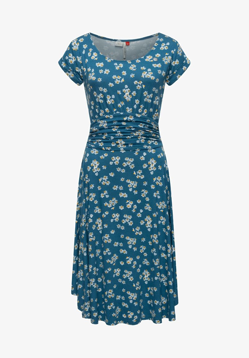 Kwiecista sukienka w kolorze teal, z krótkimi rękawami, marszczonym w pasie i rozkloszowanym dołem. Małe białe i żółte kwiaty na całej powierzchni.