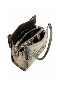 Sac à main multi-compartiments en simili cuir beige et gris avec des motifs floraux et léopard, quincaillerie en argent, et un charme détachable.