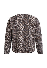 Long-sleeve top with a beige background, featuring a black and brown leopard print pattern. Soft fabric with a relaxed fit and round neckline.