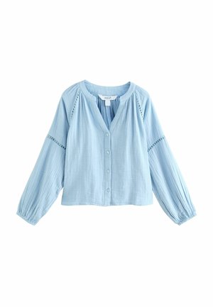 Hellblaue, langärmlige Bluse mit Knöpfen, rundem Ausschnitt, zarten Spitzen-Einsätzen an den Ärmeln und lockerem, leicht kürzerem Schnitt.