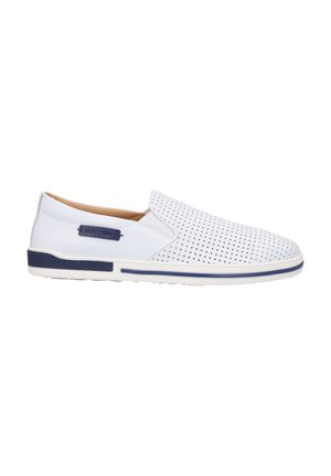 White slip-on shoes featuring perforated upper, a navy accent on the sole, and a textured insole. Clean design with minimal branding detail.