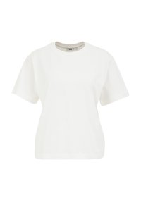 T-shirt blanc à manches courtes en coton. Doté d'un col rond et d'une coupe décontractée. Texture lisse sans motifs ni embellissements.