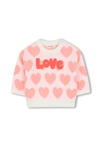 Roze gebreide trui met korte mouwen, een witte ribbelkraag en een hartpatroon met het woord "Love" in vetrood.