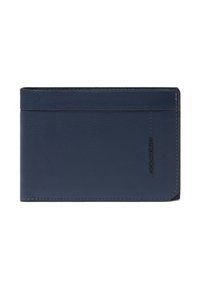 Portatarjetas de cuero azul marino con textura suave y bordes redondeados, que cuenta con un solo compartimento para tarjetas en la parte frontal y una marca sutil.