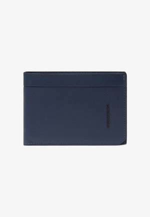 Porta carte in pelle blu navy con texture liscia e bordi arrotondati, dotato di una singola fessura portacarte sul davanti e un branding discreto.