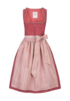 Red sleeveless dress with small floral pattern, square neckline, front zipper, and light pink apron tied at the waist with a bow.
