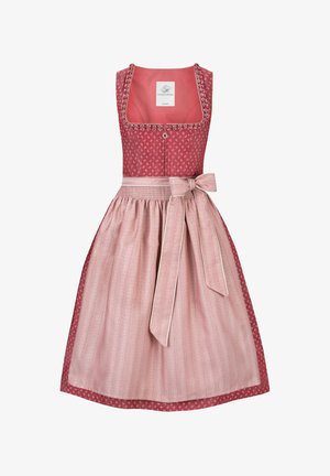 Rotes ärmelloses Kleid mit kleinem Blumenmuster, quadratischem Ausschnitt, Frontreißverschluss und hellrosa Schürze, die mit einer Schleife in der Taille gebunden ist.