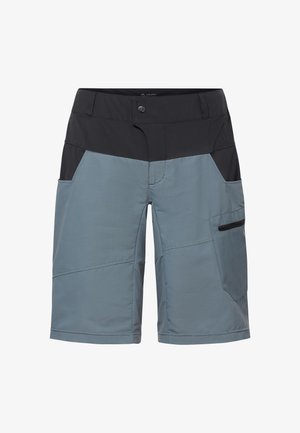 Zweifarbige kniehohe Shorts in Schwarz und Grau mit Gürtelschlaufen, vorne mit Knopf und Reißverschlusstasche an der rechten Seite.