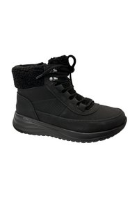 Bottines noires avec un revers en fourrure texturée, fermeture à lacets et panneaux perforés. Comprend une semelle rembourrée et un matériau supérieur durable.