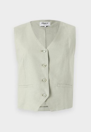 Light green sleeveless vest with a V-neck, five buttons in front, two side pockets, and a textured fabric. Simple, tailored design.