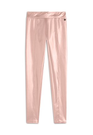 Leggings rosa lucidi realizzati in un materiale liscio e stretch. Presentano un'ampia cintura in vita e dettagli cuciti lungo le gambe.