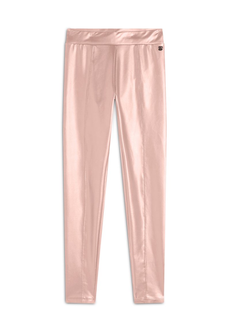 Leggings rosa lucidi realizzati in un materiale liscio e stretch. Presentano un'ampia cintura in vita e dettagli cuciti lungo le gambe.