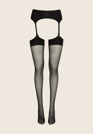 Bas noirs jusqu'en haut des cuisses, à texture lisse, finition transparente, avec une attache porte-jarretelles noire. Ne présentent aucun motif visible ni élément métallique.