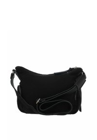 Borsa a spalla in tessuto nero con una superficie liscia, chiusura con doppia cerniera, tracolla regolabile e tasca laterale con cerniera. Design semplice e curvo.