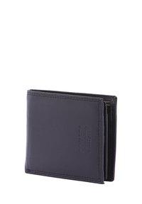 Portafoglio in pelle nera con design bi-fold, superficie texturizzata, cuciture sottili e dettaglio del logo impresso sulla parte anteriore.