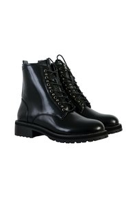 Black leather ankle boots with round toe, lace-up front, metal eyelets, and sturdy rubber sole. Smooth finish with stitched detailing.