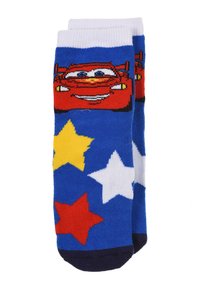 Blue cotton socks featuring a cartoon car design, with colorful stars in yellow, red, and white on a blue background, ribbed white cuff.