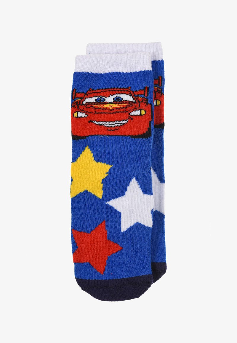 Blue cotton socks featuring a cartoon car design, with colorful stars in yellow, red, and white on a blue background, ribbed white cuff.