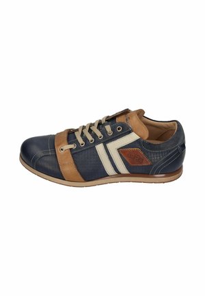 Navy blue and tan leather sneaker with beige laces, white side stripes, and a brown patch reading "1929" on the outer side.