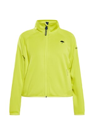 Karge kollane fliisi jakk kõrge kraega, täispikk lukk, kaks küljetaskut ja must vihmavarju Logo rinnal. Sile tekstuur.