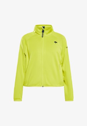 Lys gul fleecejakke med høj krave, fuld lynlås, to sidelommer og et sort paraplylogo på brystet. Glat tekstur.