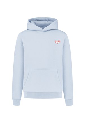 Helleblaue Kapuzenpullover aus Baumwolle mit einer Vordertasche und rotem gesticktem Logo auf der Brust. Gerippte Bündchen und Saum.
