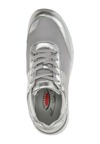 Silver sneaker featuring a mesh upper with metallic accents, rounded toe, and lace-up closure. Interior has a logo on the cushioned insole.