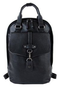 Czarny skórzany plecak o teksturowanym wykończeniu, z podwójnym uchwytem, przednią kieszenią z klapą i srebrnymi akcentami. Zamek błyskawiczny i regulowane ramiączka.