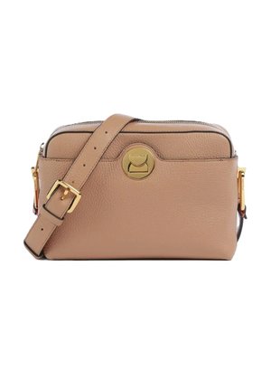 Beige textured leather crossbody bag with adjustable strap and gold-tone round clasp and buckle details.