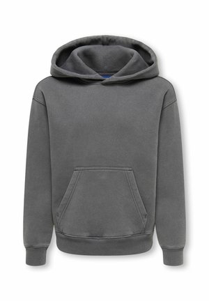 Sweat à capuche gris foncé avec poche kangourou à l’avant et bords-côtes aux poignets et à l’ourlet, présenté sur fond blanc.