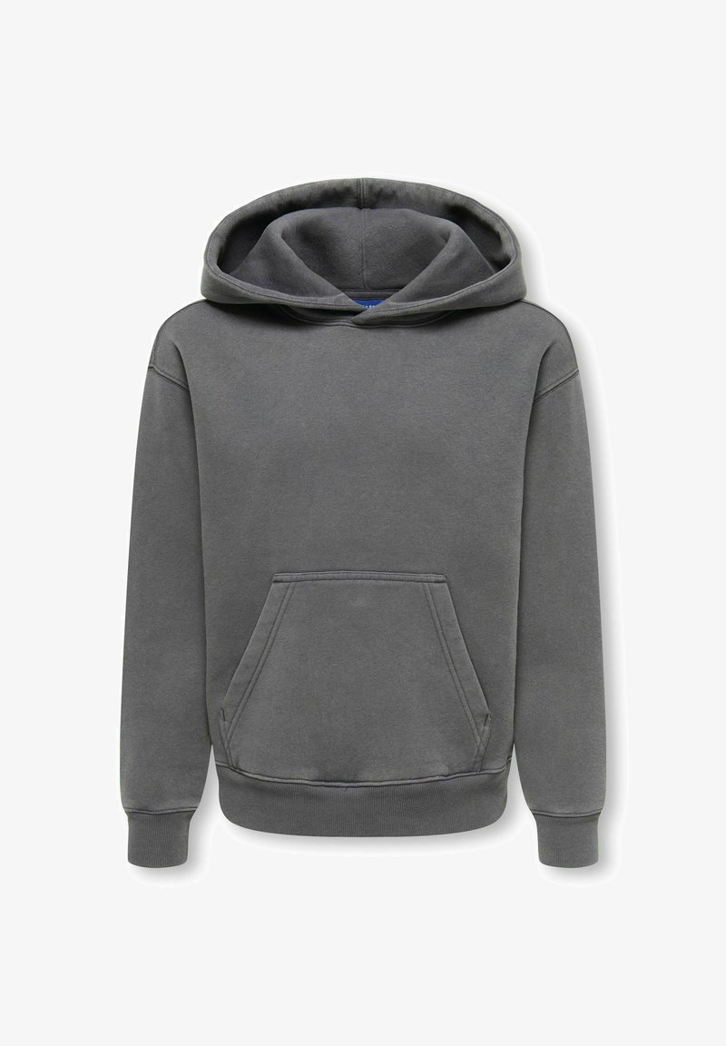 Sweat à capuche gris foncé avec poche kangourou à l’avant et bords-côtes aux poignets et à l’ourlet, présenté sur fond blanc.