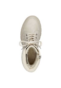 Cream-colored ankle boot with a smooth leather upper, round toe, and lace-up design. Features a soft, fleece-lined interior and sturdy sole.