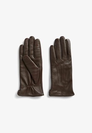 Guanti in pelle marrone con una texture liscia, presentano un cinturino al polso, quattro dita lunghe e un sottile dettaglio di cucitura.
