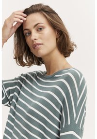 Gestreifter Strickpullover in Grün und Weiß, mit Rundhalsausschnitt, kurzen Ärmeln und einer weichen Textur. Auffällige horizontale Streifen.