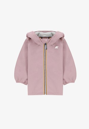 Giacca con cappuccio color lilla chiaro con polsini elasticizzati, cerniera frontale con strisce gialle, blu navy e bianche, e logo del marchio sul petto.