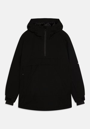 Giacca nera a pullover con cappuccio, dotata di una zip frontale a metà, polsini elasticizzati e una grande tasca frontale. Tessuto dalla superficie liscia.