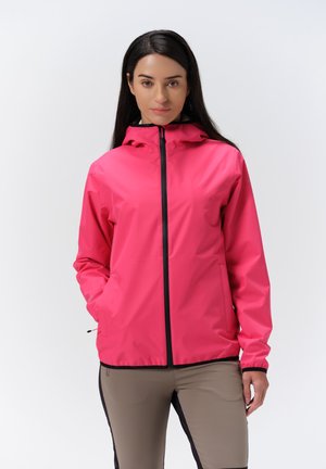 Pink waterproof jacket with a front zipper, a hood, and black accents. Material appears smooth; fitted design with long sleeves.