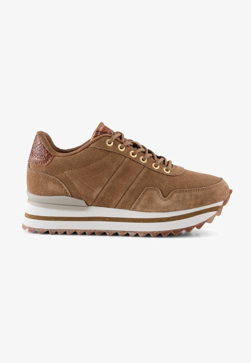 Brown suede sneaker with a textured brown leather accent at the heel, gold eyelets, and a white and brown striped rubber sole.