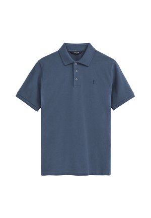 Dunkelblaues Kurzarm-Poloshirt mit Kragen, drei Knöpfen und kleinem gesticktem Logo auf der linken Brust.
