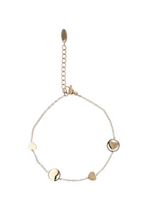 Brățară delicată din lanț auriu cu patru charmuri mici în formă de inimă, două solide și două încadrare în cercuri, cu închidere ajustabilă.