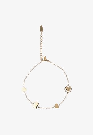 Finom aranylánc karkötő négy kis szív medállal, kettő tömör és kettő kör alakú keretben, állítható kapoccsal.