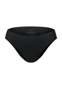 Zwarte katoenen bikini slip met een gladde textuur, middelhoog ontwerp en minimale stiksels. Bevat een label op de binnenzijde van de tailleband.