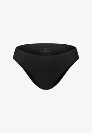 Schwarze Baumwoll-Bikini-Brief mit glatter Textur, mittelhohem Schnitt und minimaler Nahtverarbeitung. Verfügt über ein Etikett am inneren Bund.