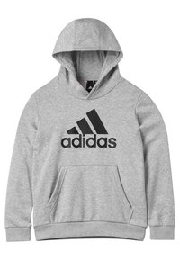 Sudadera con capucha gris hecha de mezcla de algodón, con un bolsillo frontal y un gran logo negro de Adidas en el pecho.