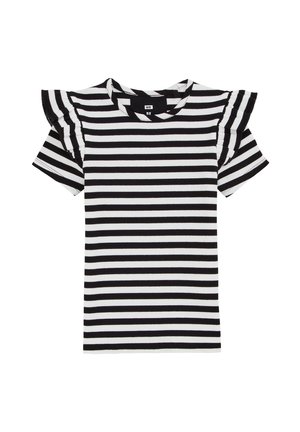 Tricou cu dungi alb-negru, cu mâneci scurte, având accente de volane pe cusăturile umerilor și un design cu guler rotund.