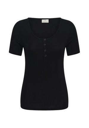 Sort kortærmet ribstrikket top med rund halsudskæring og fire trykknapper ned foran i midten.